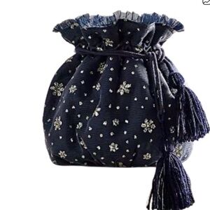 Free People/ FP One Seasons Sparkle Mini Gift Sack Navy Blue Pouch Bag